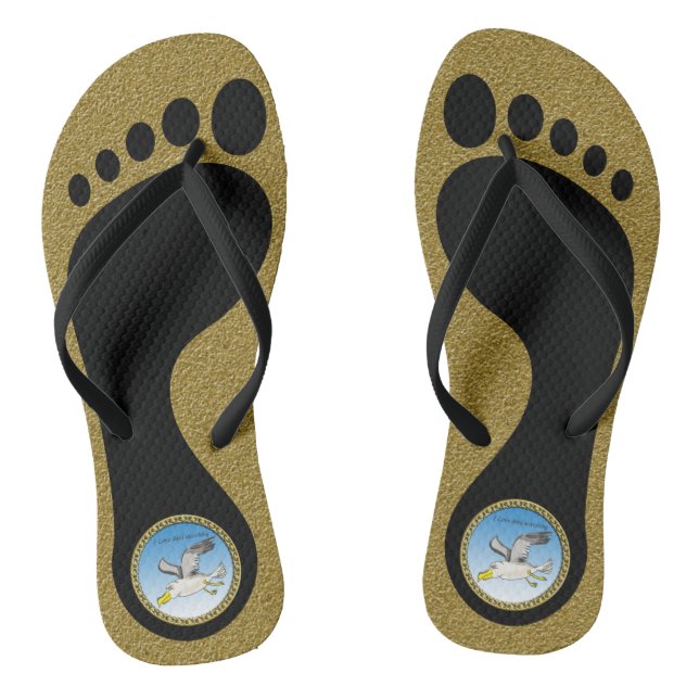 Cartoon seagull flying over head with gold texture flip flops (Footbed)