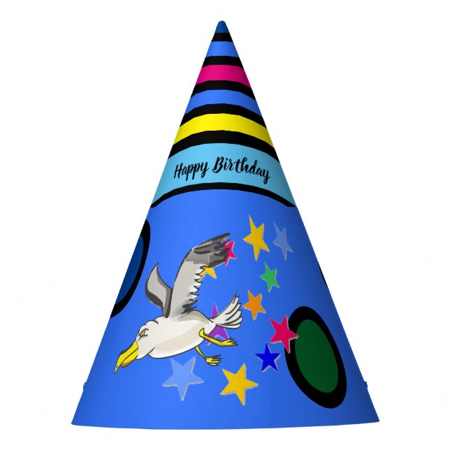 Cartoon seagull  with colourful stars and circles party hat (Front)