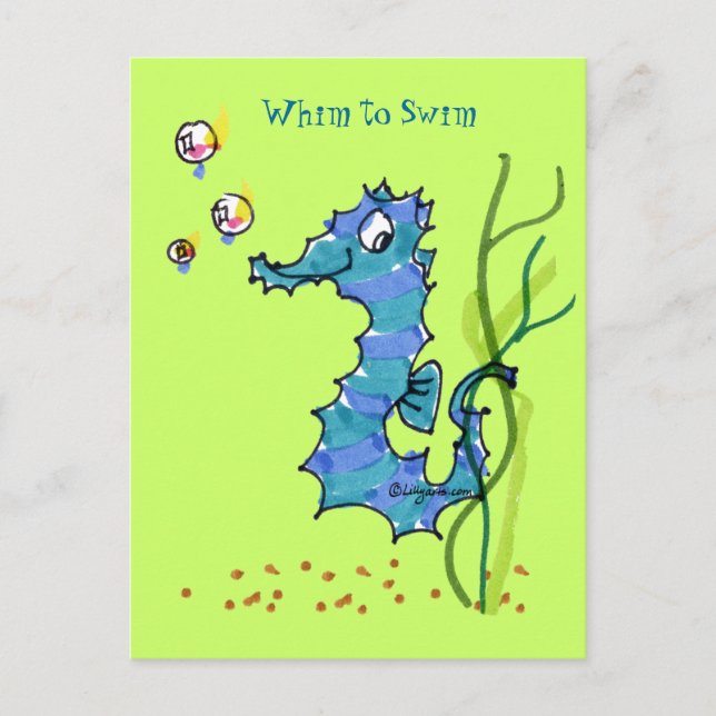 Cartoon Seahorse Cute Whim To Swim Postcard (Front)