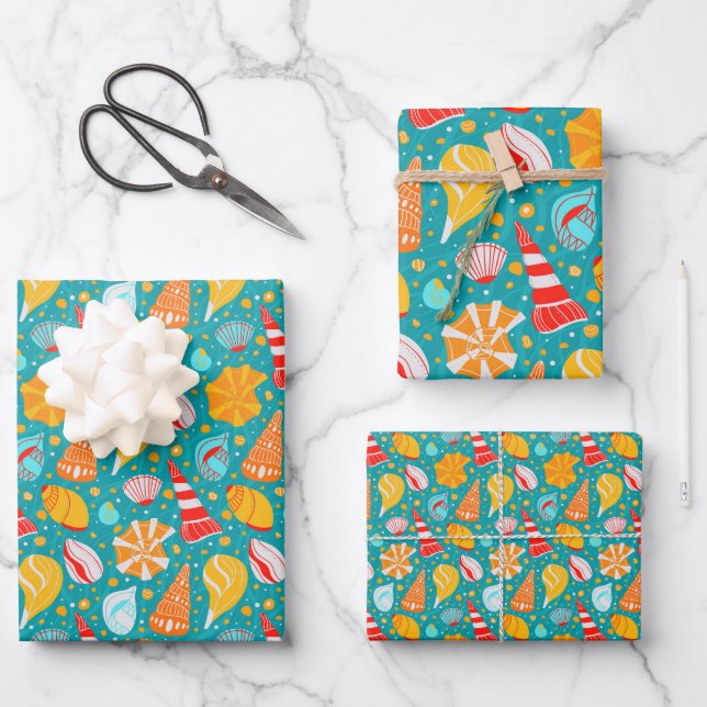 Cartoon seashells with sand and doodle ornament wrapping paper sheet (Front)