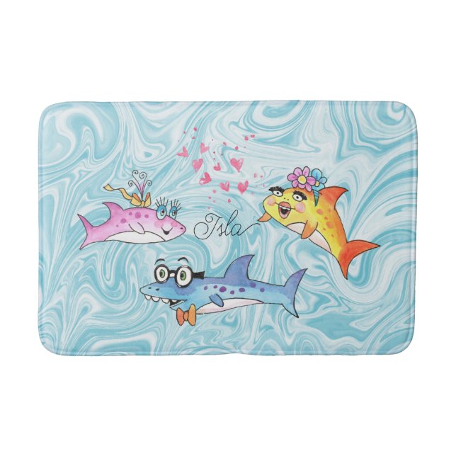 Cartoon Shark Family Blue Waves Bath Mat (Front)