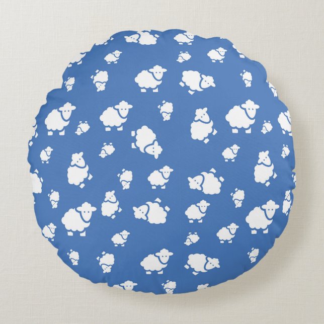 Cartoon Sheep Round Pillow – Charming Blue Nursery (Front)