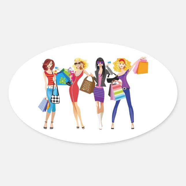 CARTOON SHOPPING GIRLS VECTORS FASHION STYLE FUN F OVAL STICKER (Front)