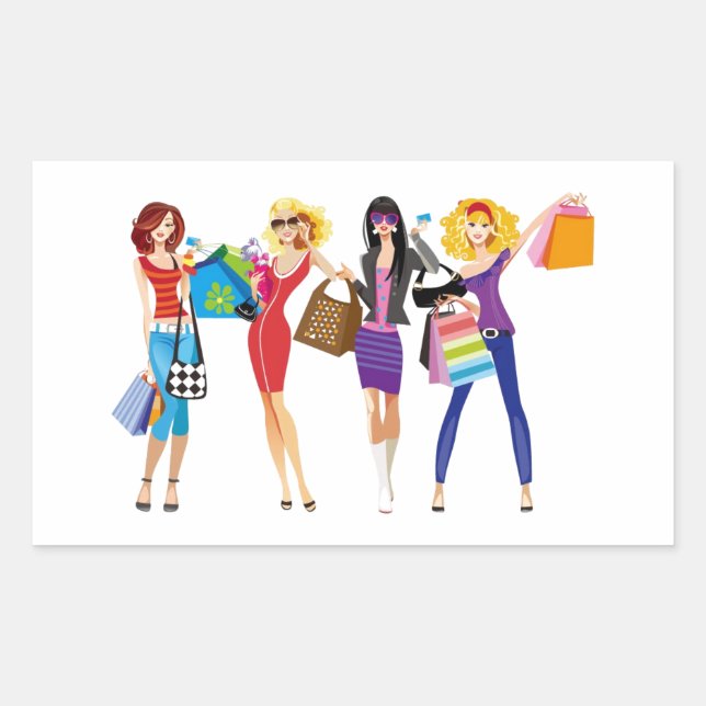 CARTOON SHOPPING GIRLS VECTORS FASHION STYLE FUN F RECTANGULAR STICKER (Front)