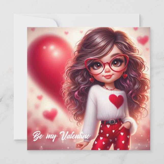 Cartoon shy Valentine sassy girl with red heart Holiday Card (Front)