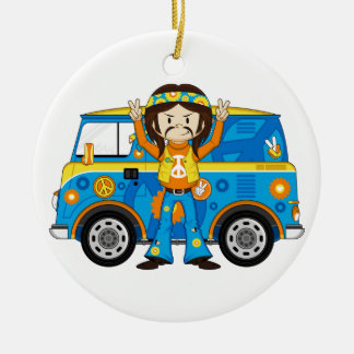 Cartoon Sixties Peace Hippie and Van Ceramic Tree Decoration