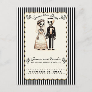 Cartoon Skeleton Bride + Groom Save the Date Announcement Postcard