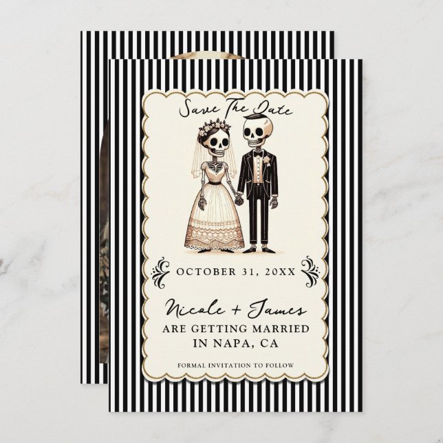 Cartoon Skeleton Bride + Groom Save the Date  Invitation (Front/Back)