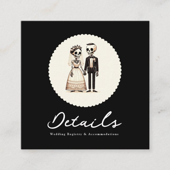 Cartoon Skeleton Bride + Groom Wedding Details Square Business Card (Front)