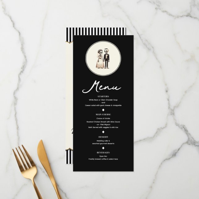 Cartoon Skeleton Bride + Groom Wedding Menu (Front/Back In Situ)