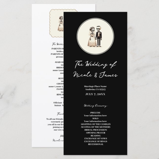Cartoon Skeleton Bride + Groom Wedding Menu (Front/Back)