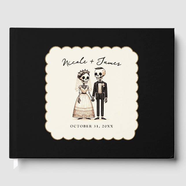 Cartoon Skeleton Bride + Groom Whimsical Wedding Guest Book (Front)