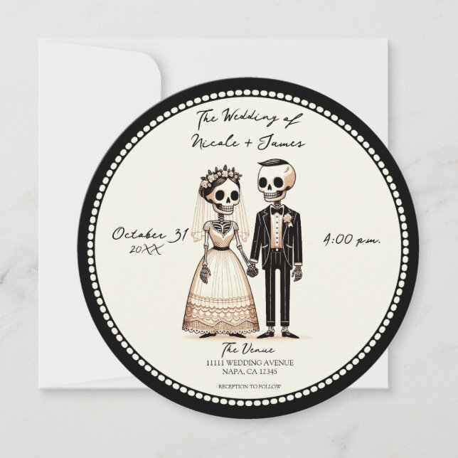 Cartoon Skeleton Bride + Groom Whimsical Wedding Invitation (Front)