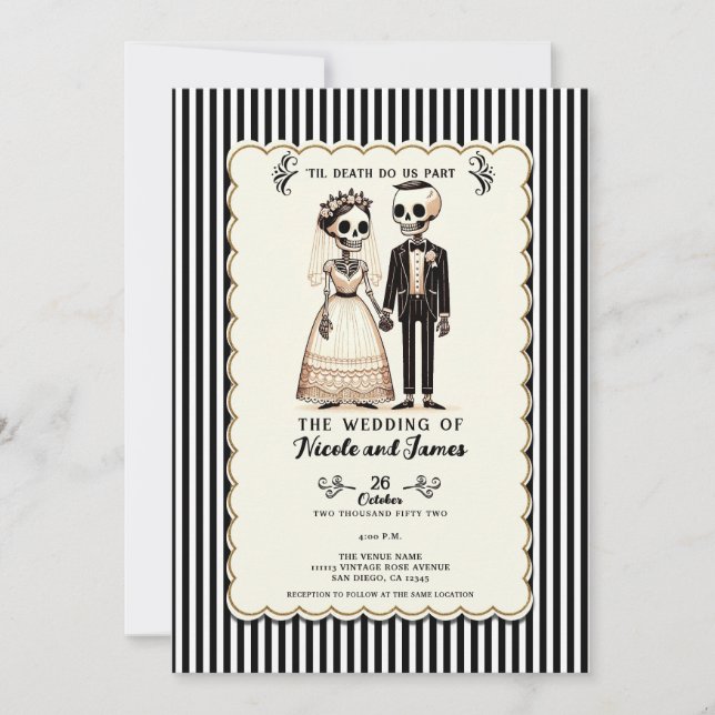 Cartoon Skeleton Bride + Groom Whimsical Wedding Invitation (Front)