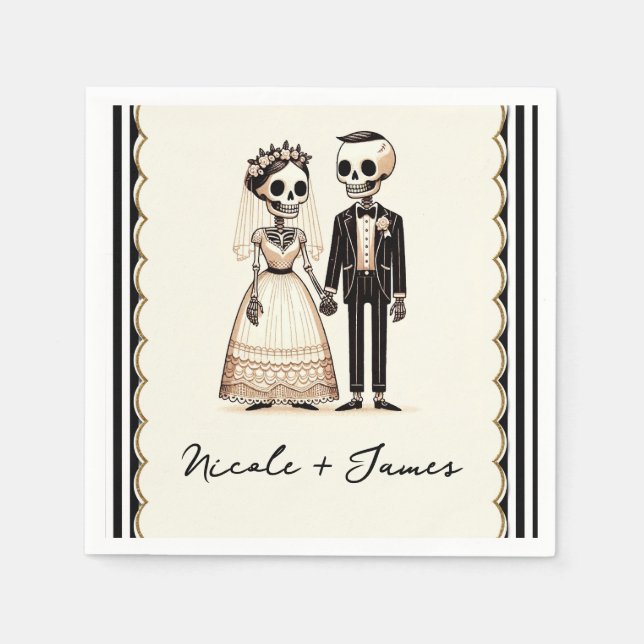 Cartoon Skeleton Bride + Groom Whimsical Wedding Napkin (Front)