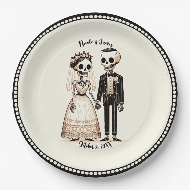 Cartoon Skeleton Bride + Groom Whimsical Wedding Paper Plate (Front)