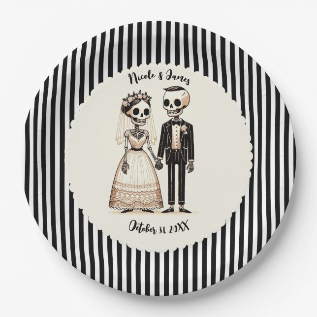 Cartoon Skeleton Bride + Groom Whimsical Wedding Paper Plate (Front)