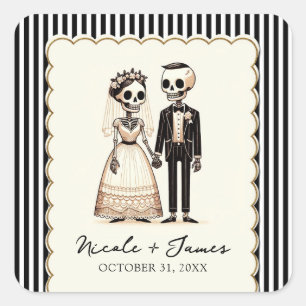 Cartoon Skeleton Bride + Groom Whimsical Wedding Square Sticker