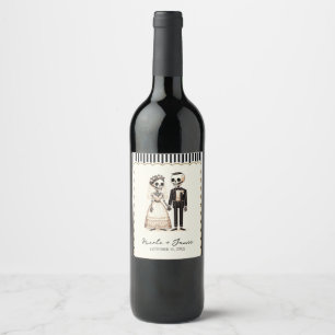 Cartoon Skeleton Bride + Groom Whimsical Wedding Wine Label