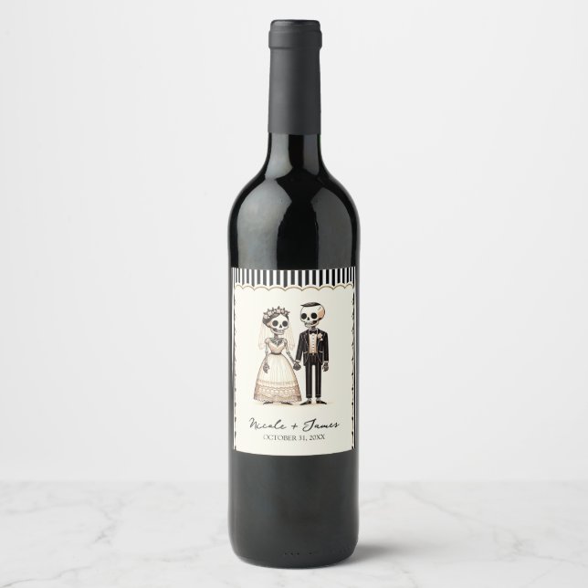 Cartoon Skeleton Bride + Groom Whimsical Wedding Wine Label (Front)