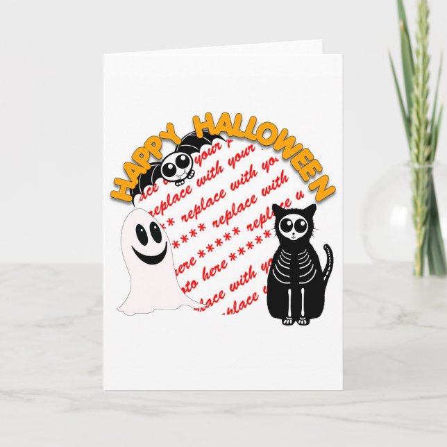 Cartoon Skeleton Cat, Bat & Ghost Photo Frame Card (Front)