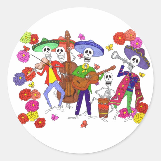 Cartoon Skeleton Musicians Mariachi Band Guitar Classic Round Sticker (Front)