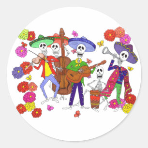 Cartoon Skeleton Musicians Mariachi Band Guitar Classic Round Sticker