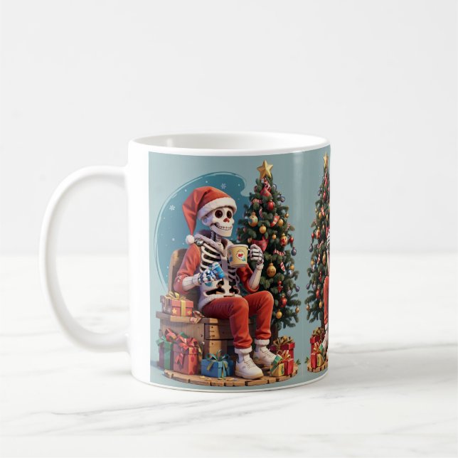 Cartoon Skeleton Wearing Santa Drinking Coffee Coffee Mug (Left)