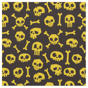 Cartoon Skull and Bones Black and Gold Fabric