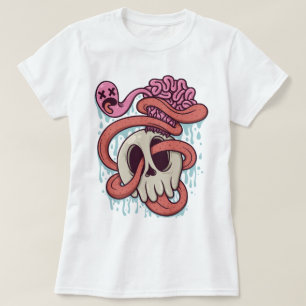 Cartoon Skull with Brain and Tongue T-Shirt