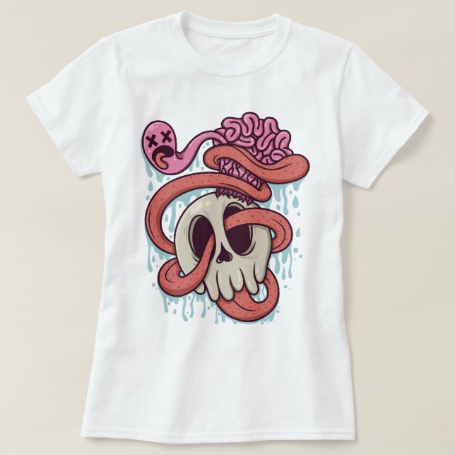 Cartoon Skull with Brain and Tongue T-Shirt (Design Front)