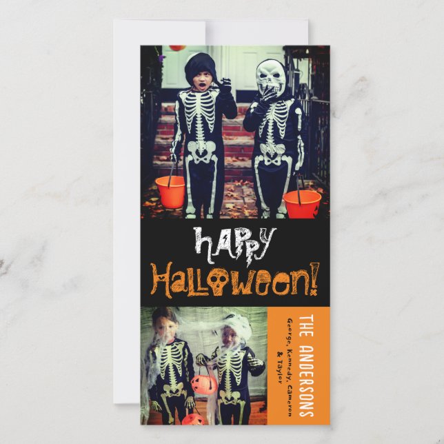 Cartoon Skulls & Bones Happy Halloween Kid's Photo Holiday Card (Front)