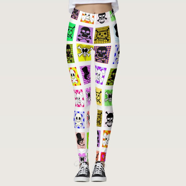 Cartoon Skulls Polka dots Day of The dead Art Legg Leggings (Front)