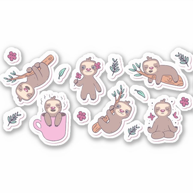 CARTOON SLOTH ANIMALS CUTE STICKERS SET  (Front)
