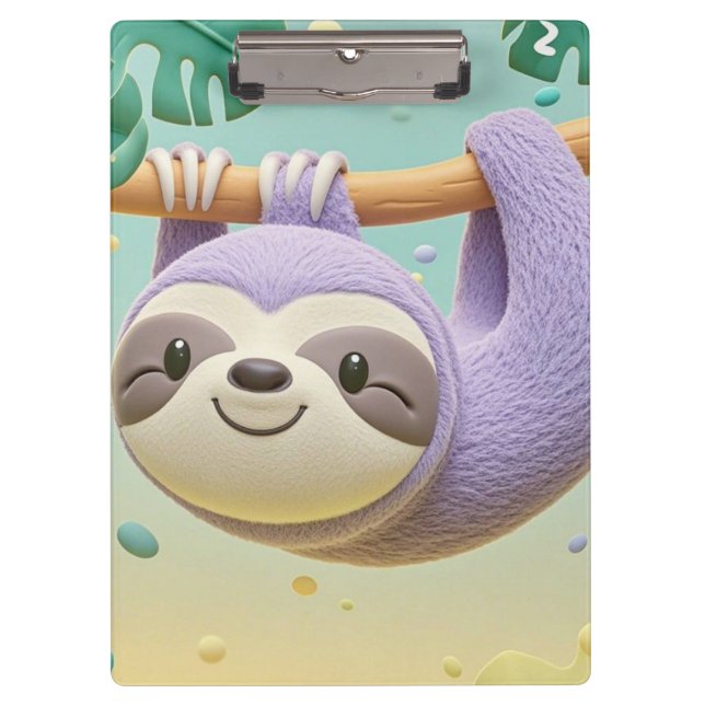 Cartoon sloth hanging on tree branch clipboard (Front)