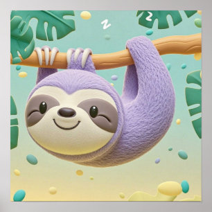 Cartoon sloth hanging on tree branch poster