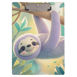 Cartoon sloth hanging upside-down from a branch clipboard