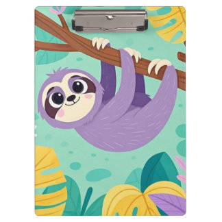 Cartoon sloth hanging upside-down from a branch clipboard