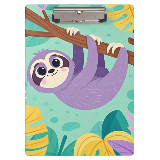 Cartoon sloth hanging upside-down from a branch clipboard (Front)