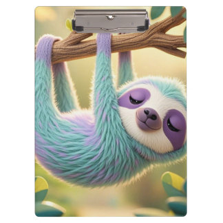Cartoon sloth hanging upside-down from a branch clipboard