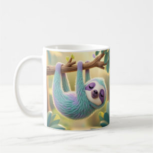 Cartoon sloth hanging upside-down from a branch coffee mug