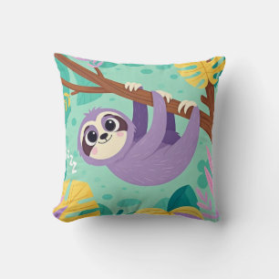 Cartoon sloth hanging upside-down from a branch cushion