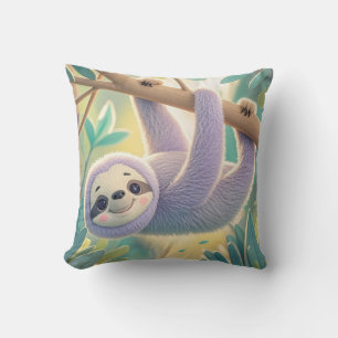Cartoon sloth hanging upside-down from a branch cushion