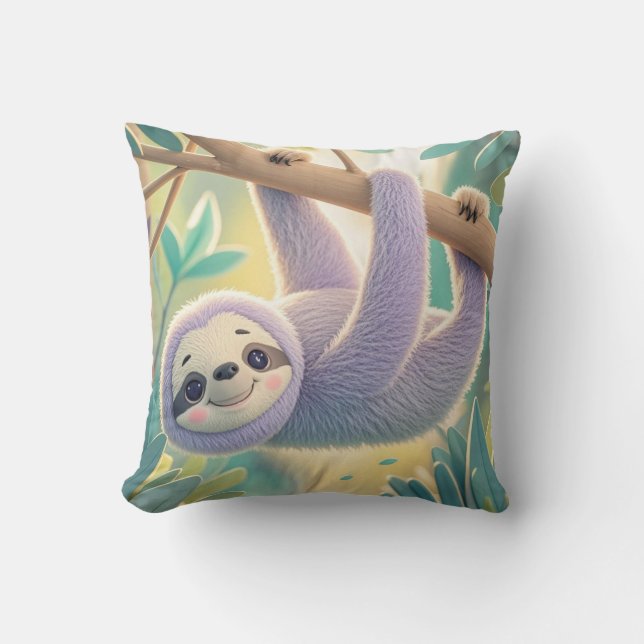 Cartoon sloth hanging upside-down from a branch  cushion (Front)