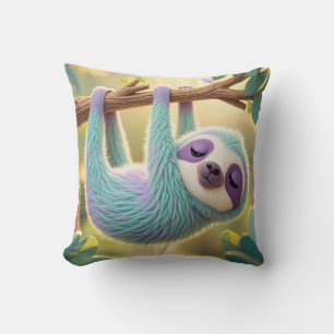 Cartoon sloth hanging upside-down from a branch cushion