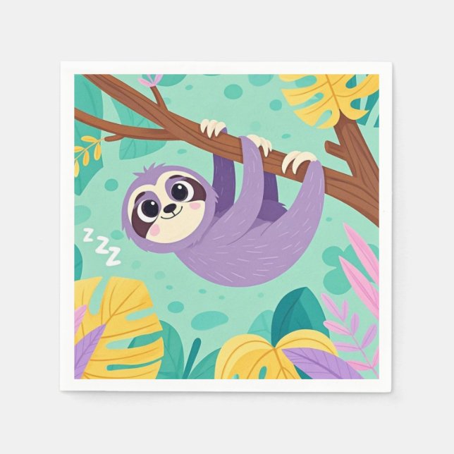 Cartoon sloth hanging upside-down from a branch napkin (Front)
