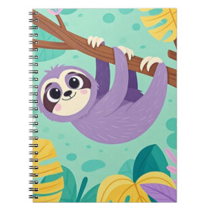 Cartoon sloth hanging upside-down from a branch notebook