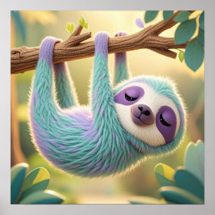 Cartoon sloth hanging upside-down from a branch poster