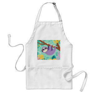 Cartoon sloth hanging upside-down from a branch standard apron