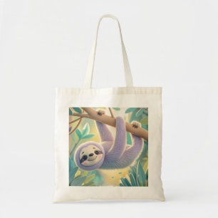 Cartoon sloth hanging upside-down from a branch  tote bag